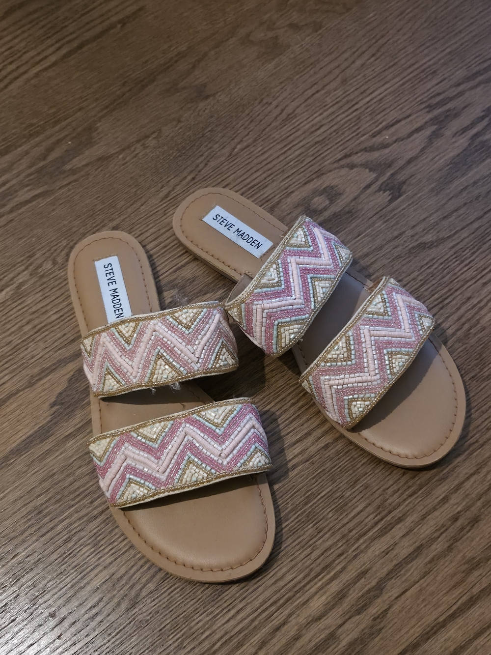 Steve Madden Pink & Gold Beaded Double-Strap Slide Sandals